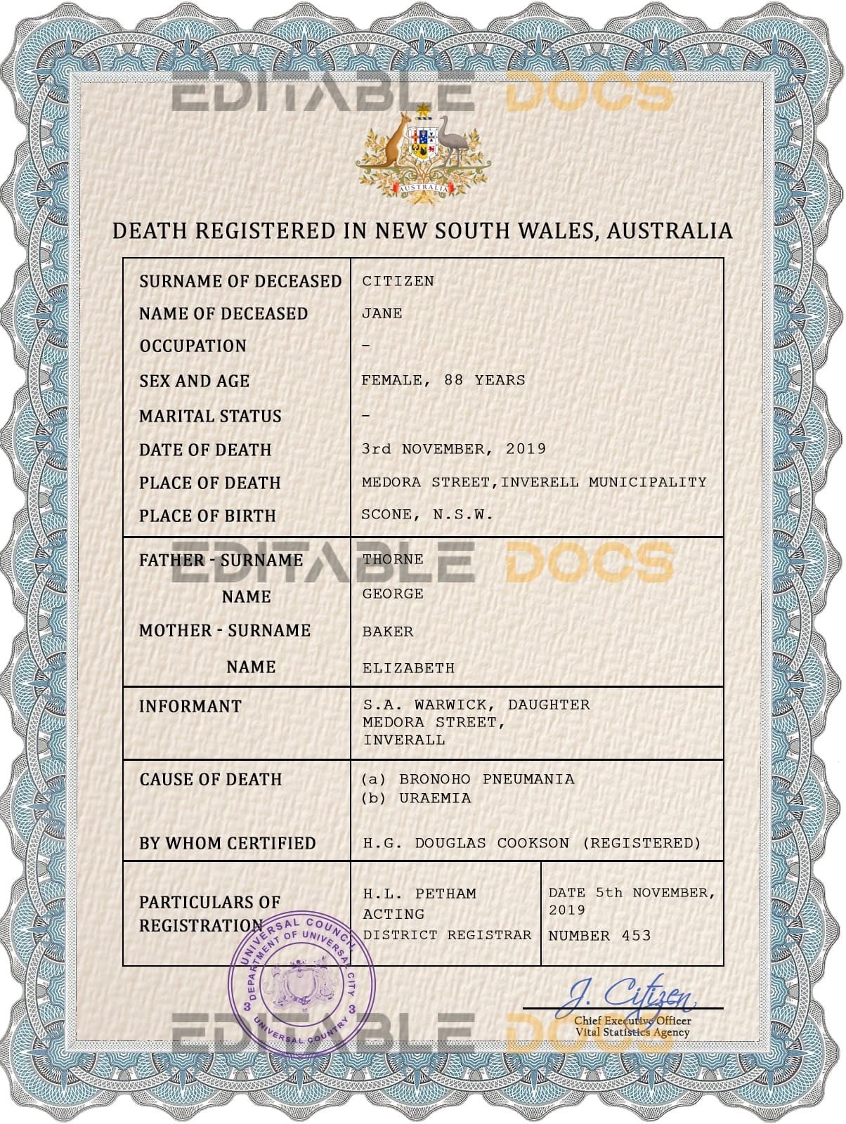 Customizable Arms Unity Universal Death Certificate PSD Templates