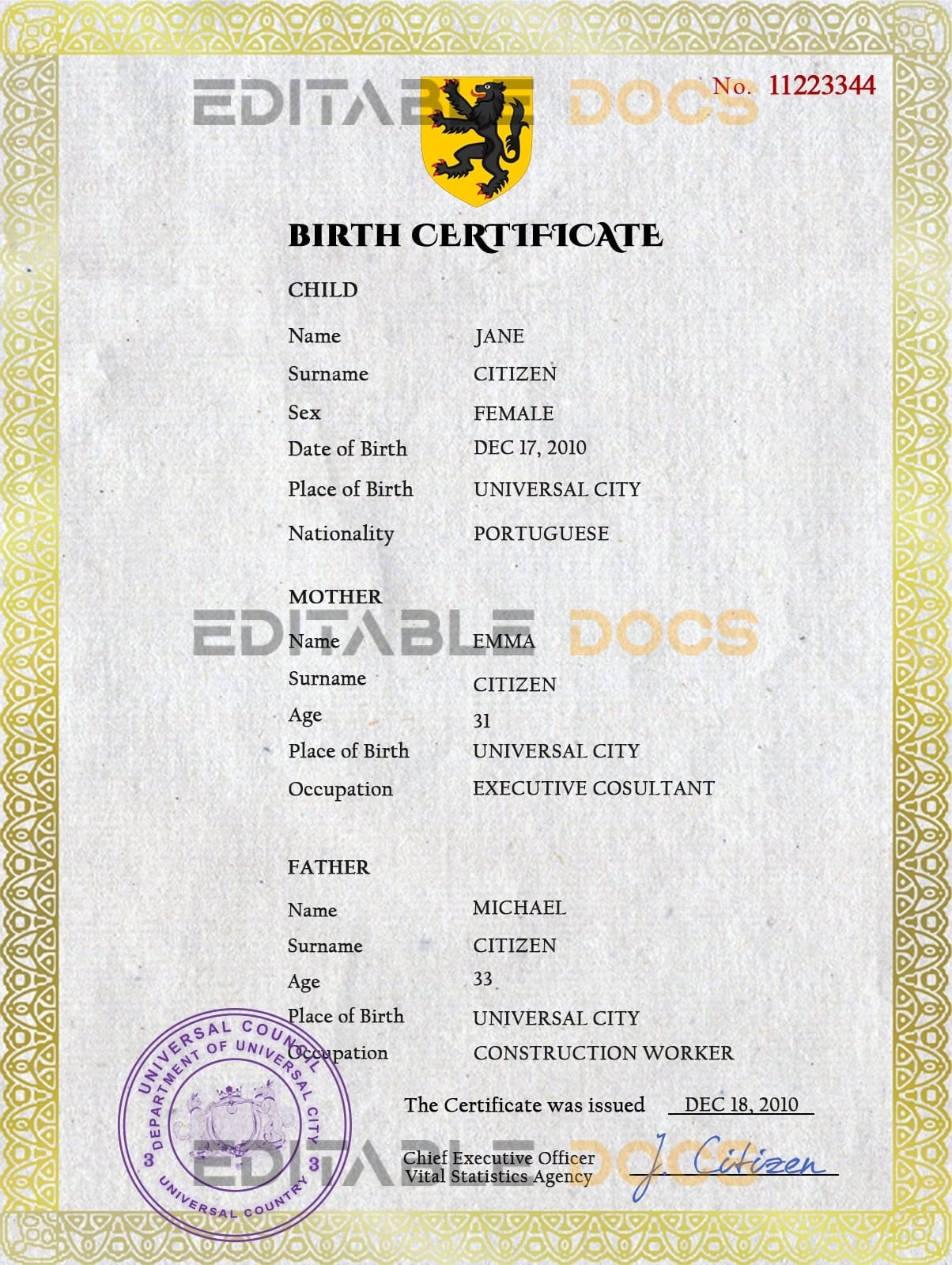 Authentic benefits universal Birth Certificate PSD Template