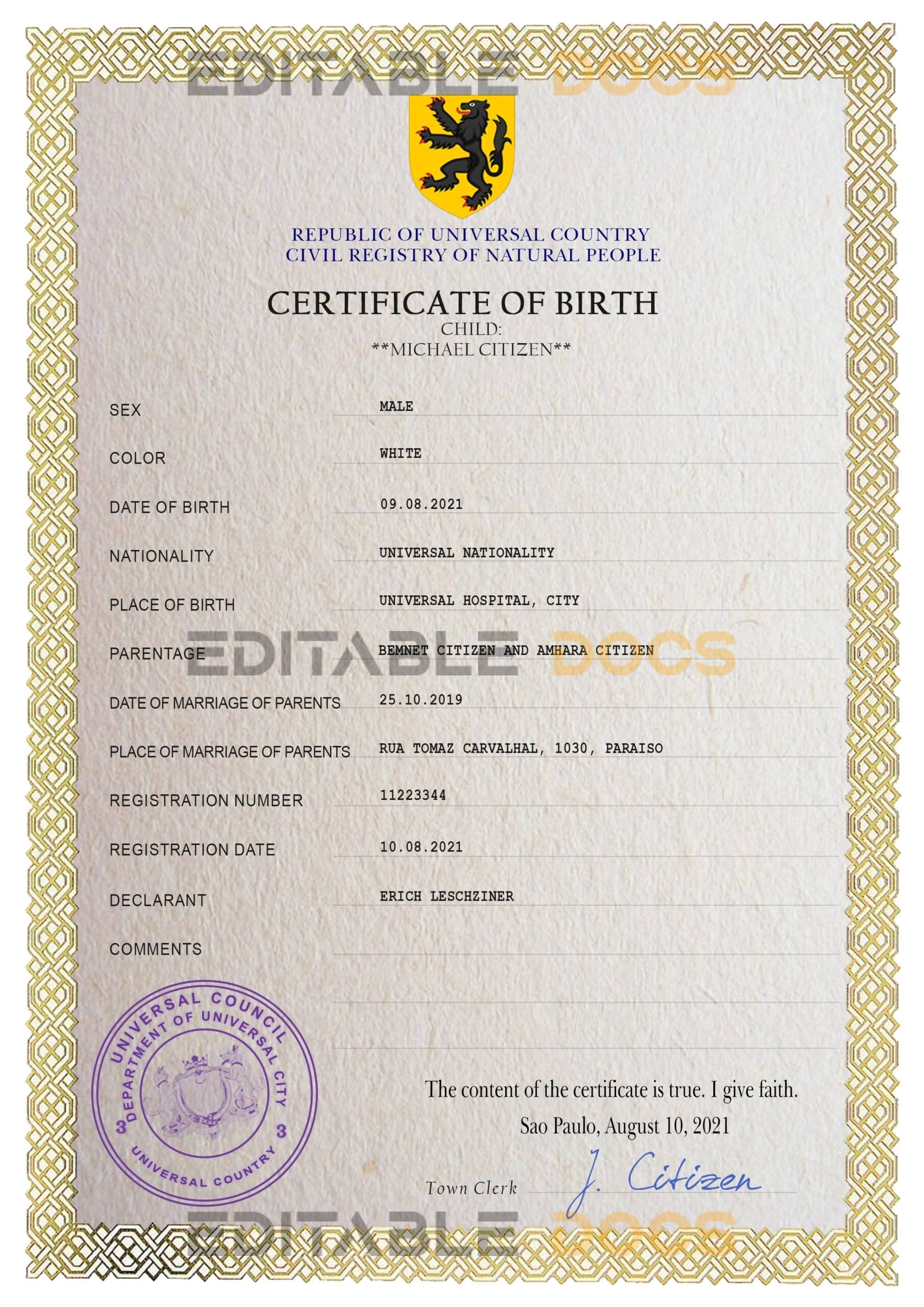 Authentic birthbia universal Birth Certificate PSD Template