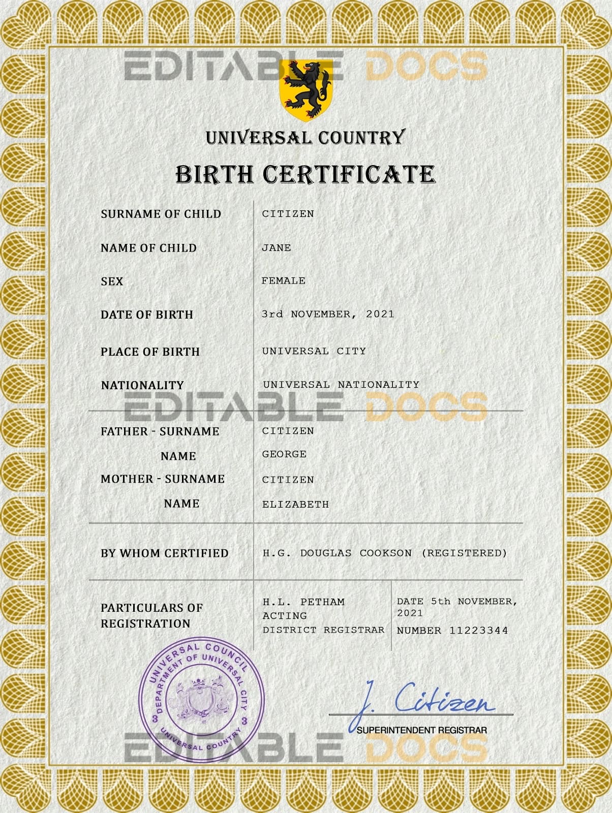 Authentic blackout universal Birth Certificate PSD Template