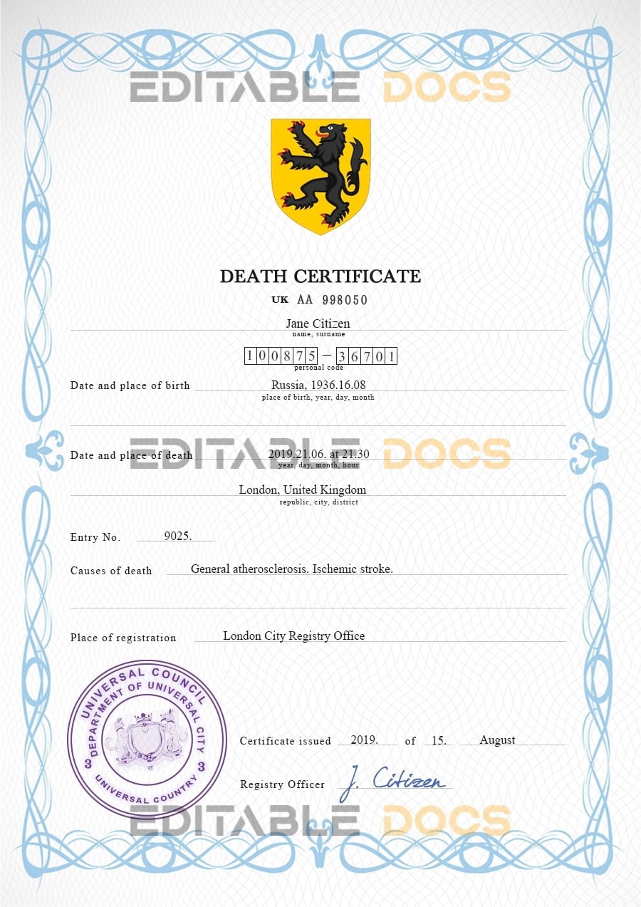 Customizable Blackout Universal Death Certificate PSD Templates