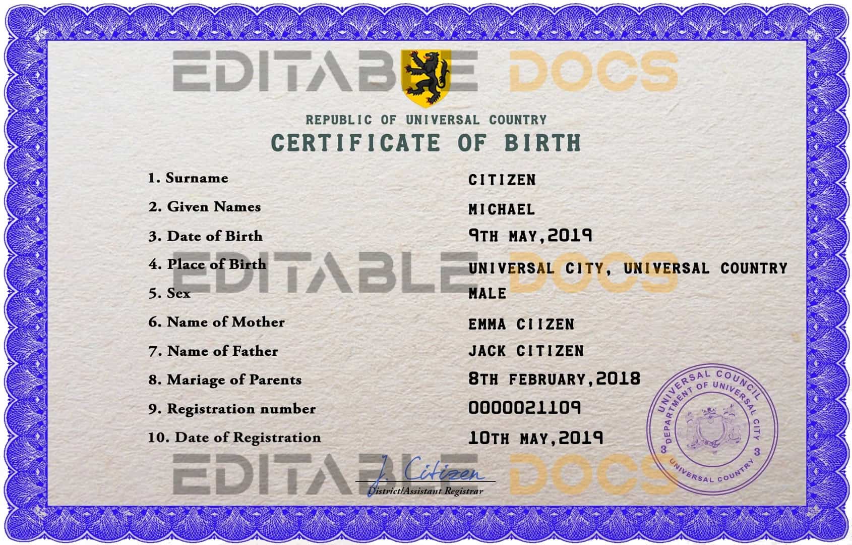 Authentic bold universal Birth Certificate PSD Template