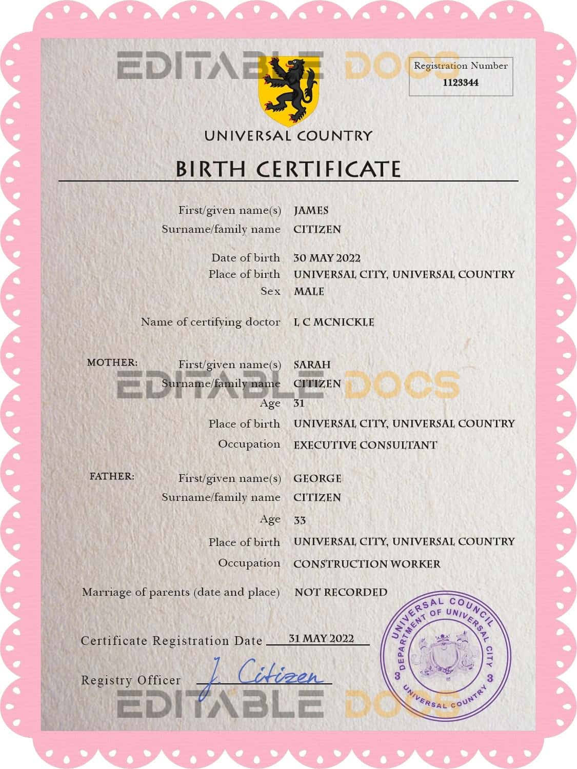 Authentic busk universal Birth Certificate PSD Template