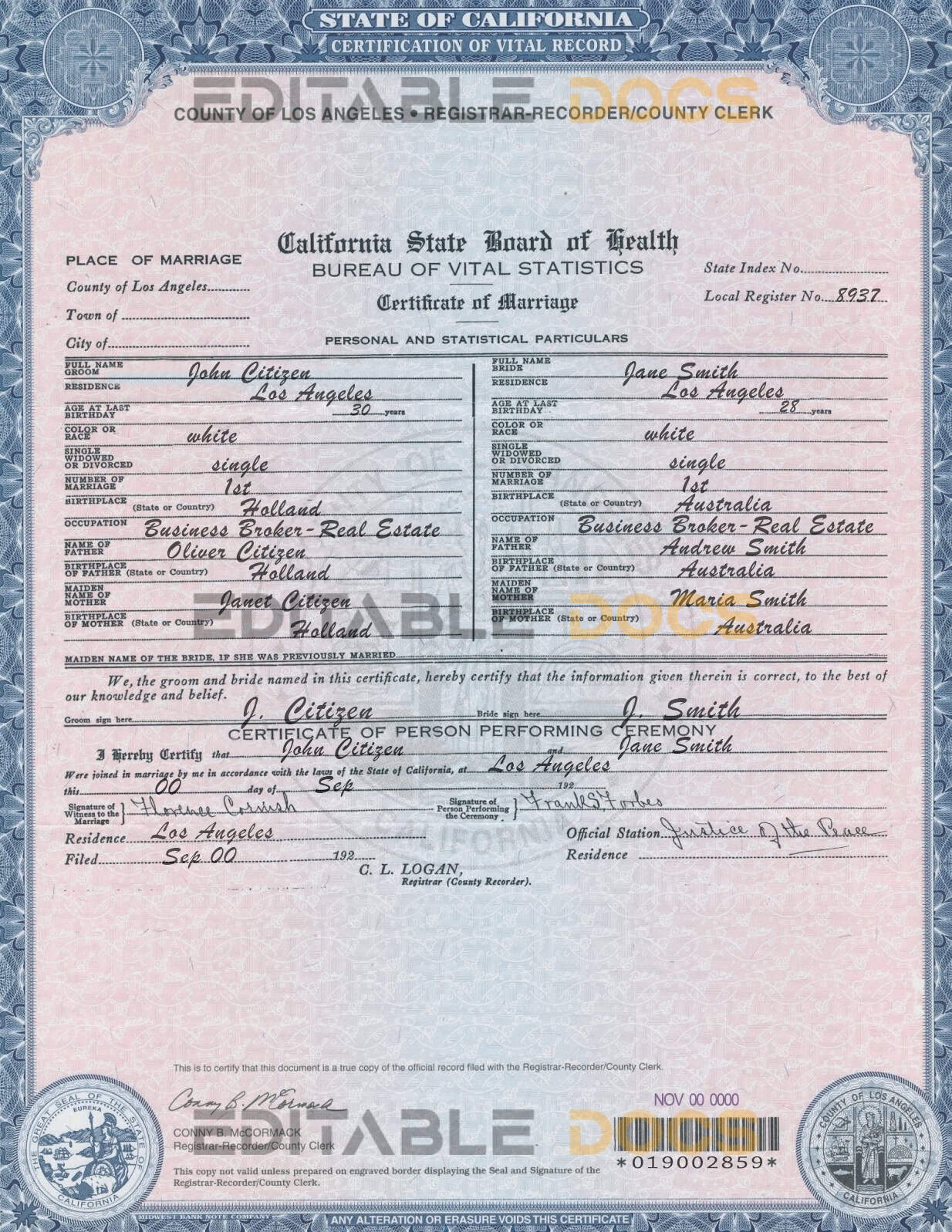 california Marriage Certificate Editable PSD Templates