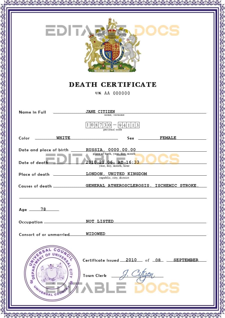 Customizable Certificate Expert Vital Record Universal Death Certificate PSD Templates