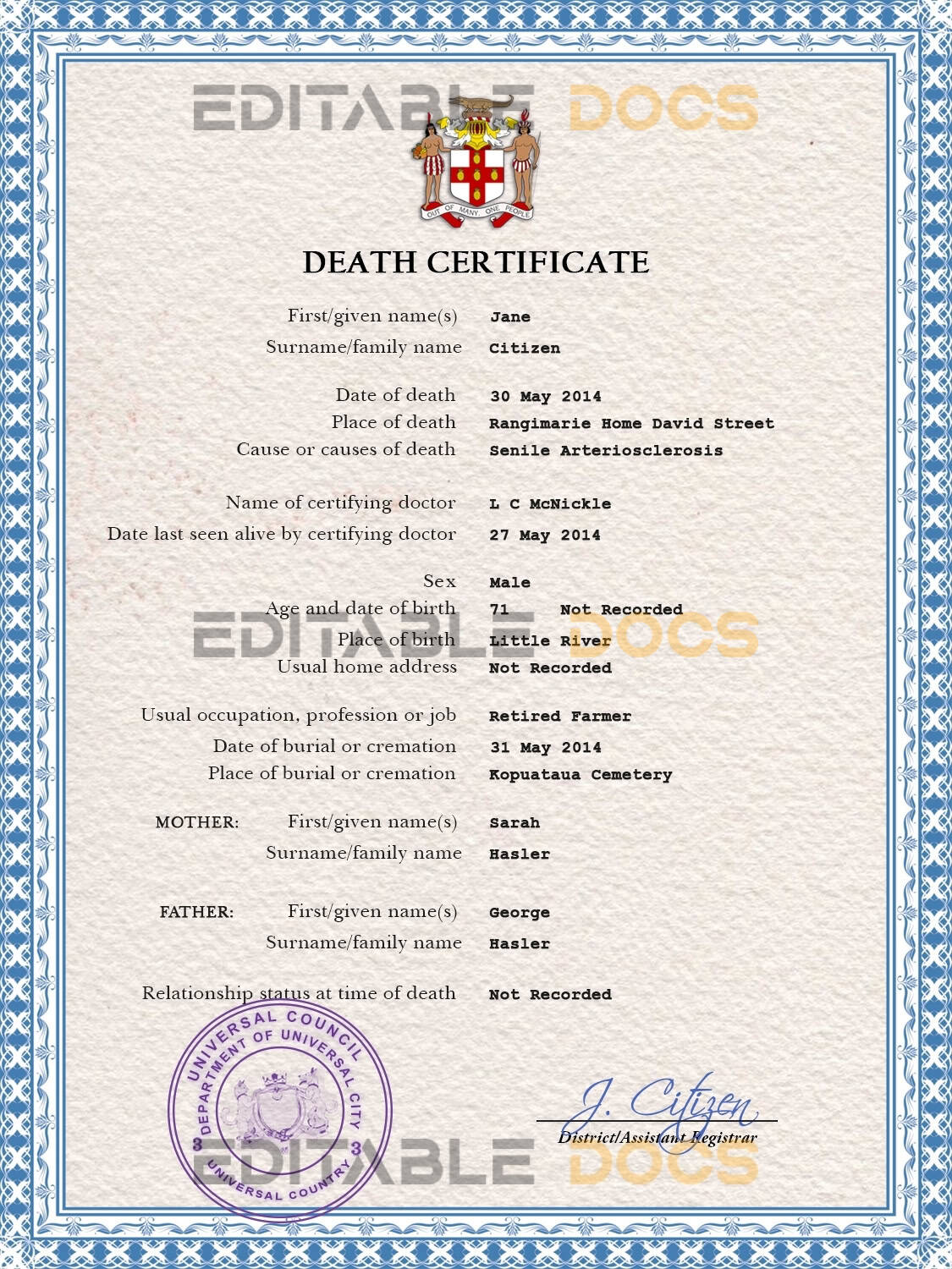 Customizable Certificate Leader Universal Death Certificate PSD Templates