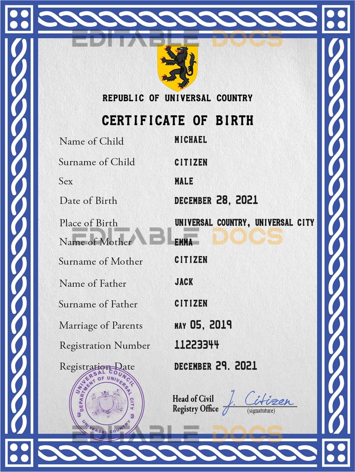 Authentic certificatetastic universal Birth Certificate PSD Template