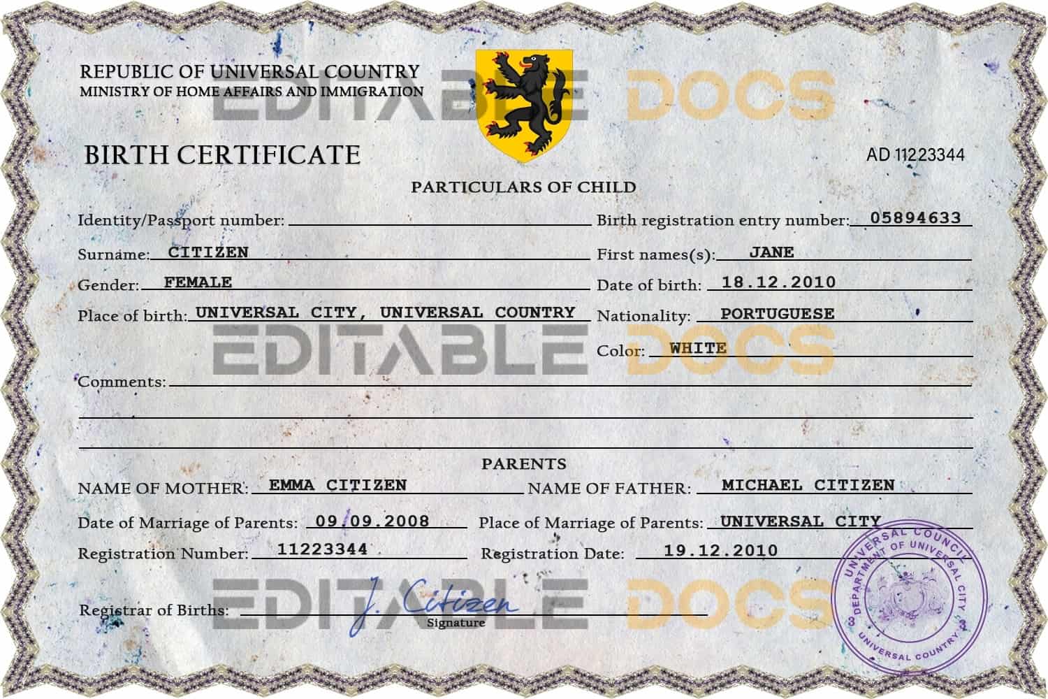 Authentic champion vibe universal Birth Certificate PSD Template
