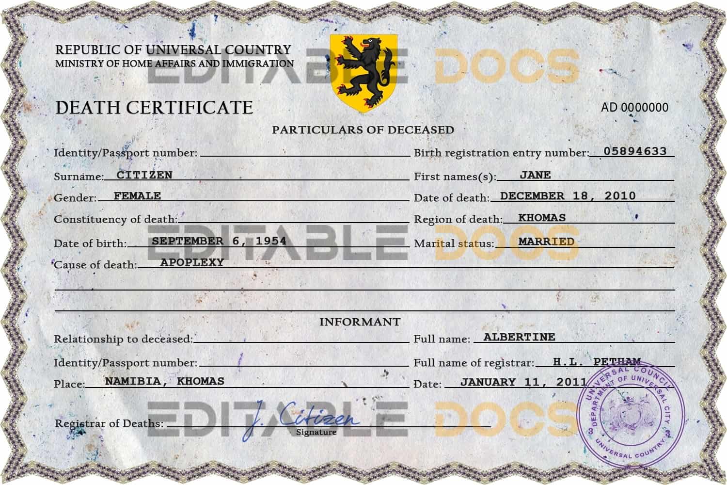 Customizable Click Vital Record Universal Death Certificate PSD Templates