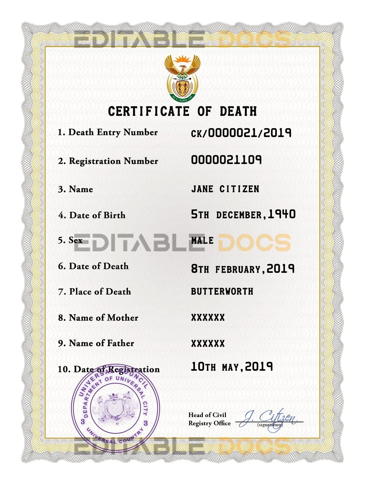 Customizable Coat Optimum Universal Death Certificate PSD Templates