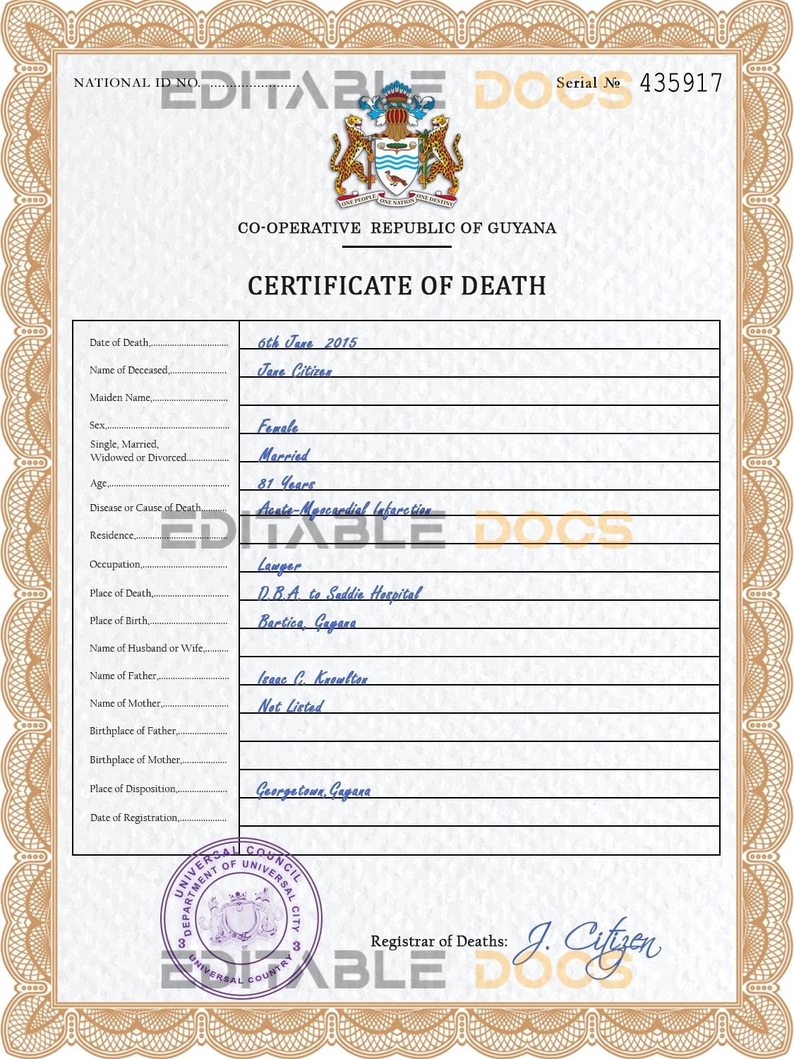 Customizable Coat Push Universal Death Certificate PSD Templates
