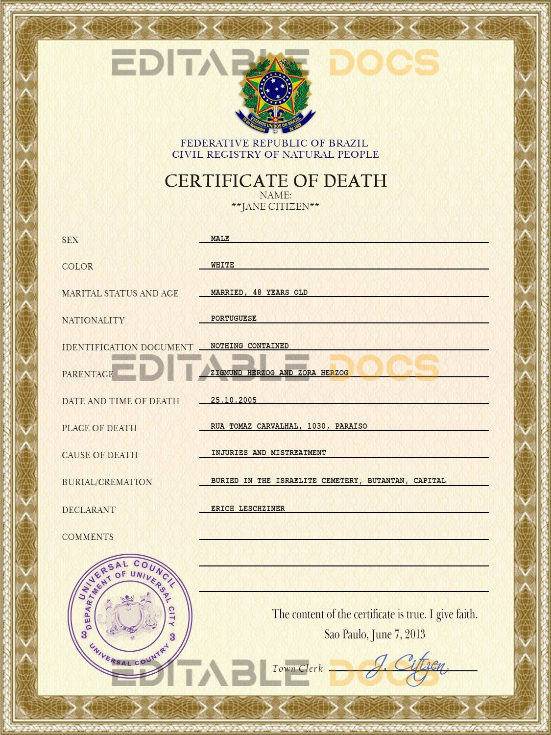 Customizable Coat Super Vital Record Universal Death Certificate PSD Templates