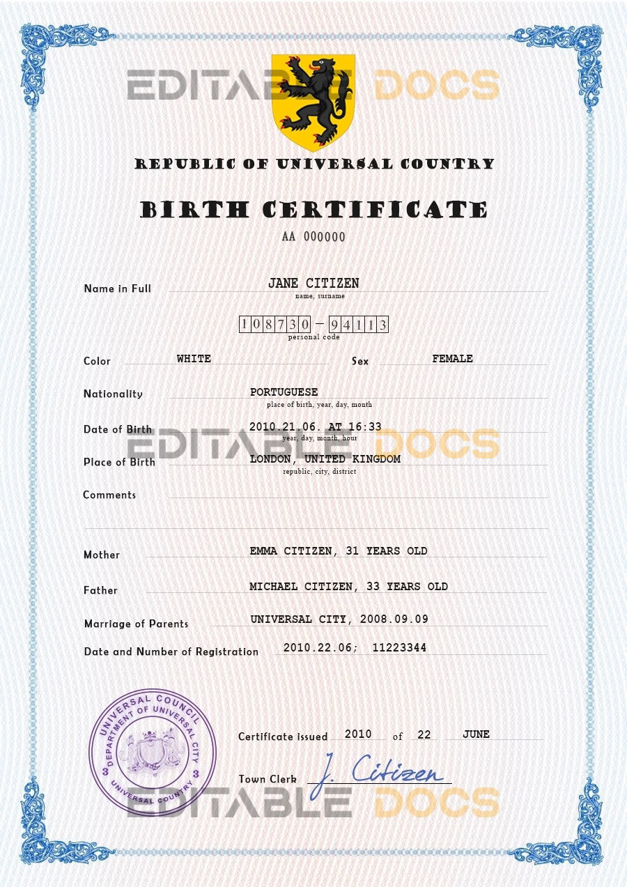 Authentic core tide universal Birth Certificate PSD Template