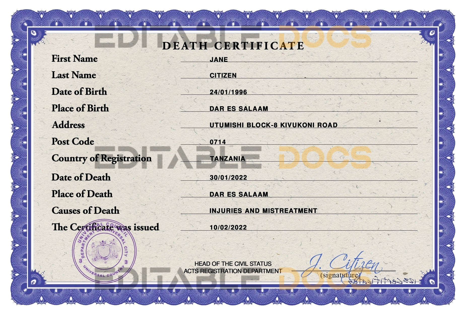 Customizable Death Solutions Universal Death Certificate PSD Templates