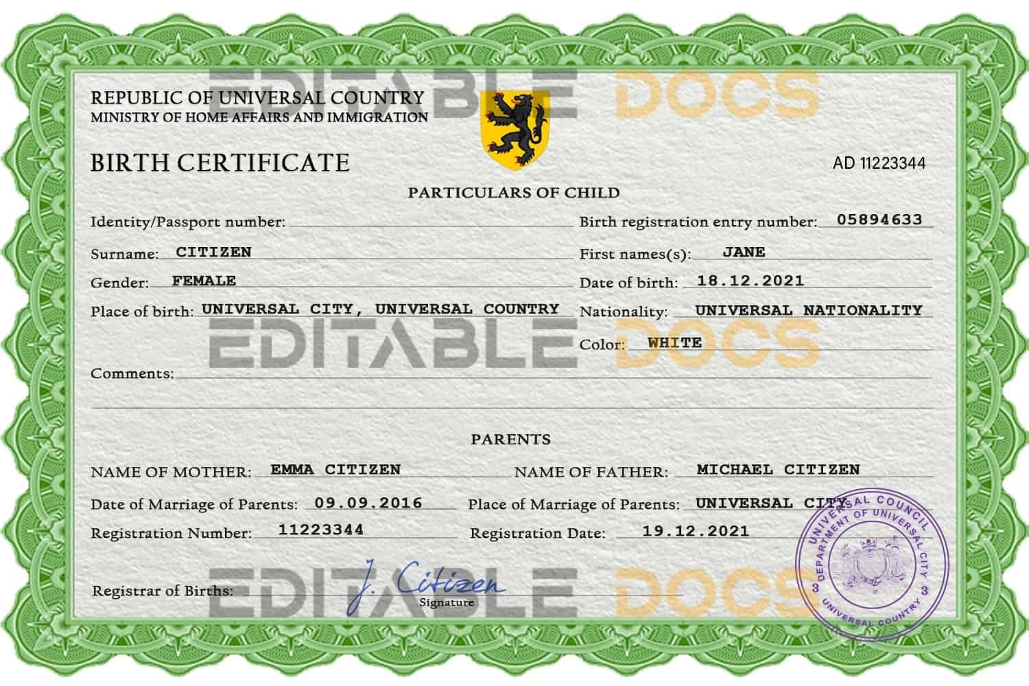 Authentic dime project universal Birth Certificate PSD Template