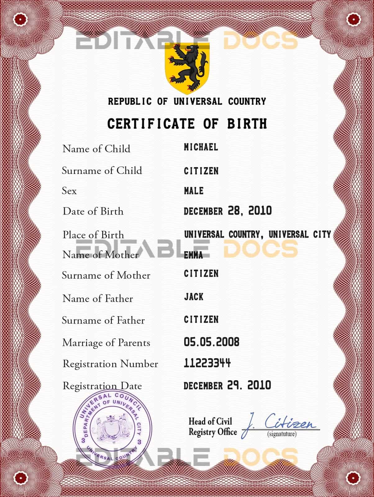 Authentic mass project universal Birth Certificate PSD Template