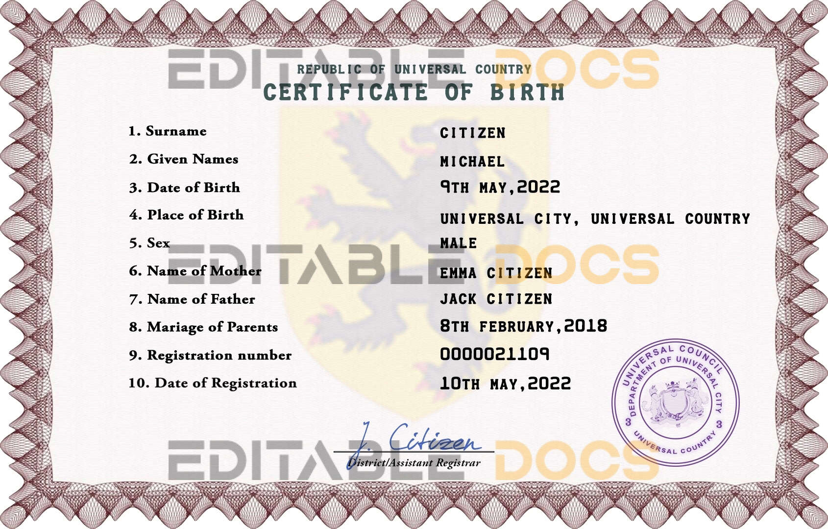 Authentic discover universal Birth Certificate PSD Template