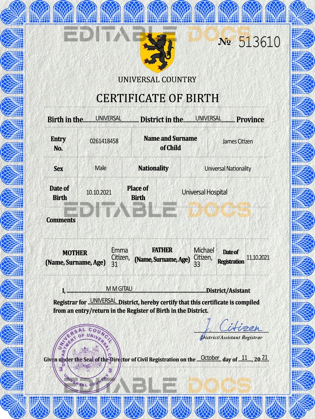 Authentic flow universal Birth Certificate PSD Template