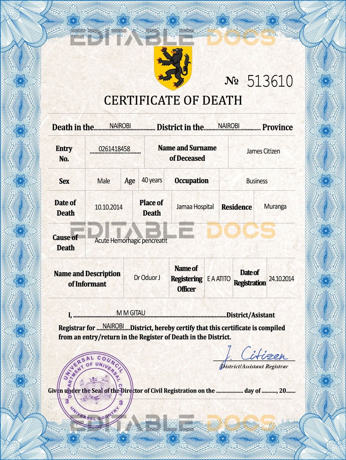 Customizable Foster Universal Death Certificate PSD Templates