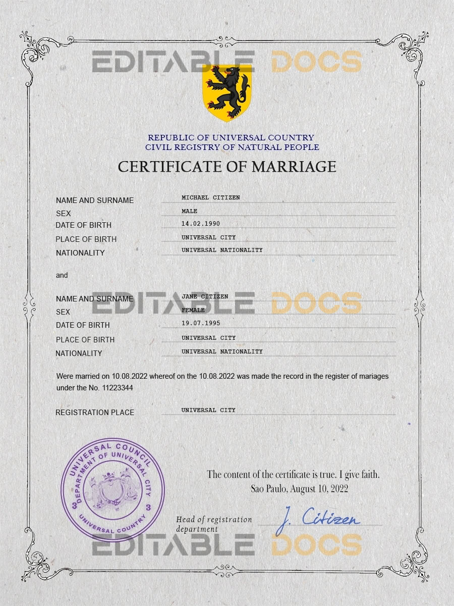 gloss universal Marriage Certificate psd