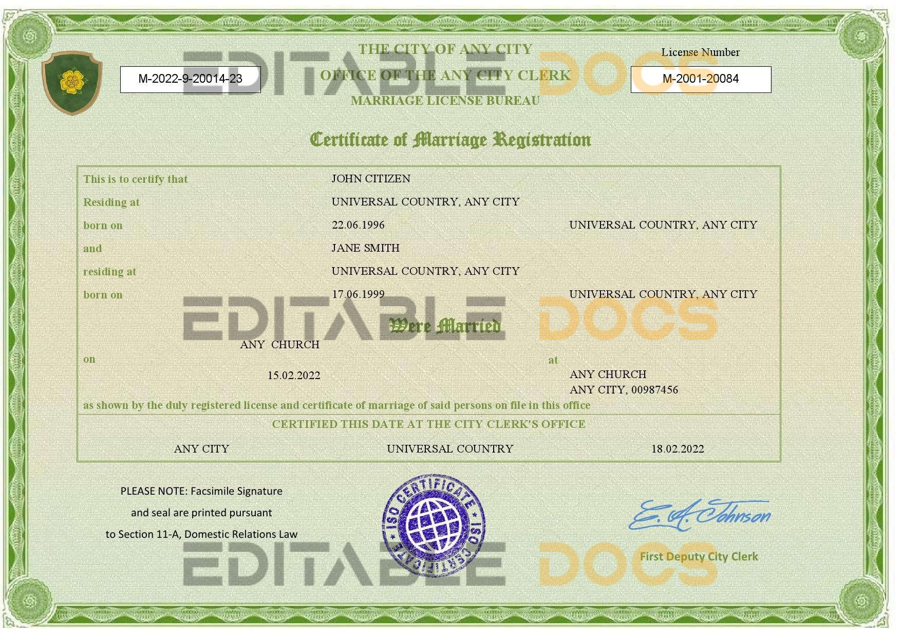 green universal Marriage Certificate green universal Marriage Certificate