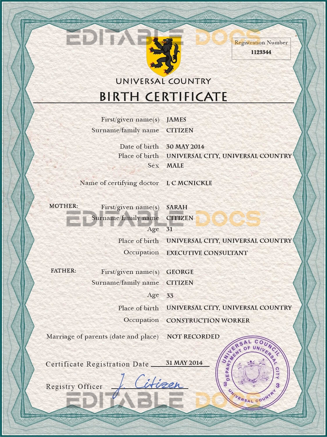 Authentic honor universal Birth Certificate PSD Template