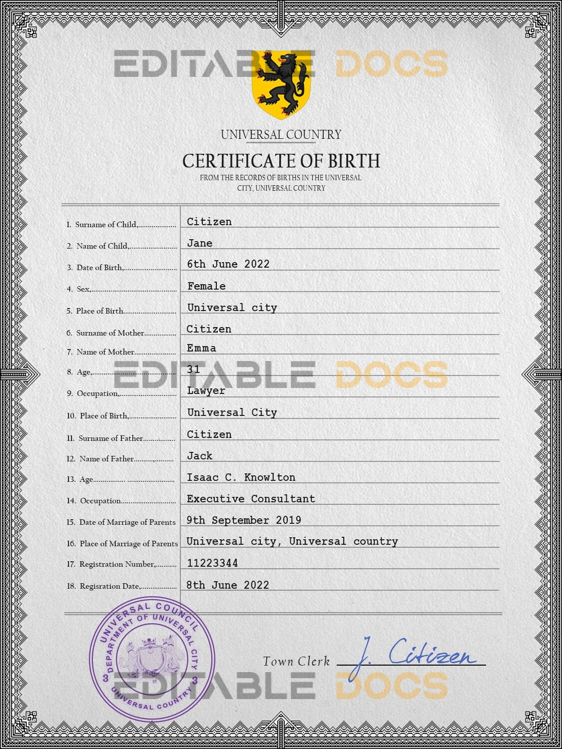 Authentic horizon universal Birth Certificate PSD Template