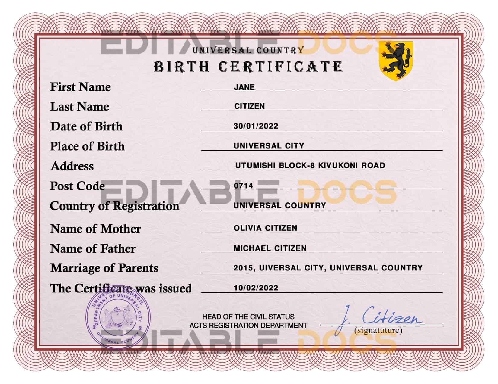 Authentic inspire universal Birth Certificate PSD Template