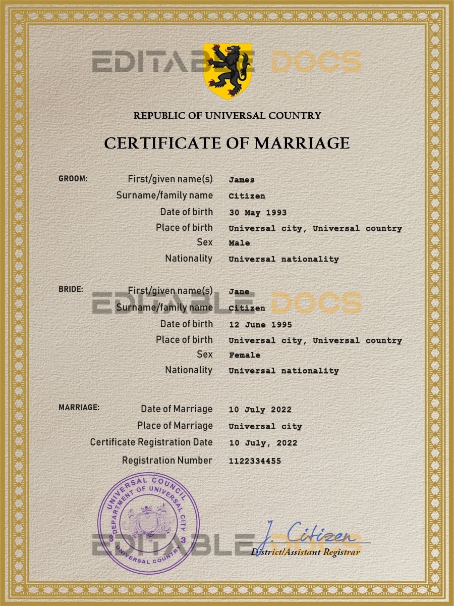 instict universal Marriage Certificate psd