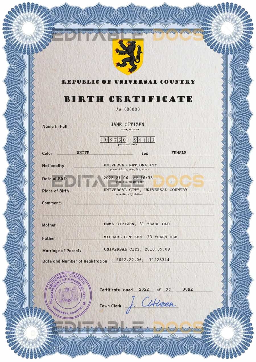 Authentic loop editor universal Birth Certificate PSD Template