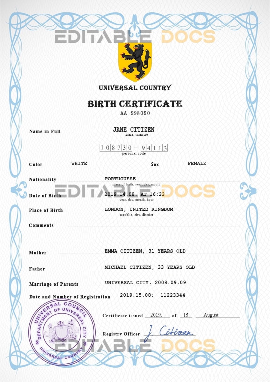 Authentic major universal Birth Certificate PSD Template