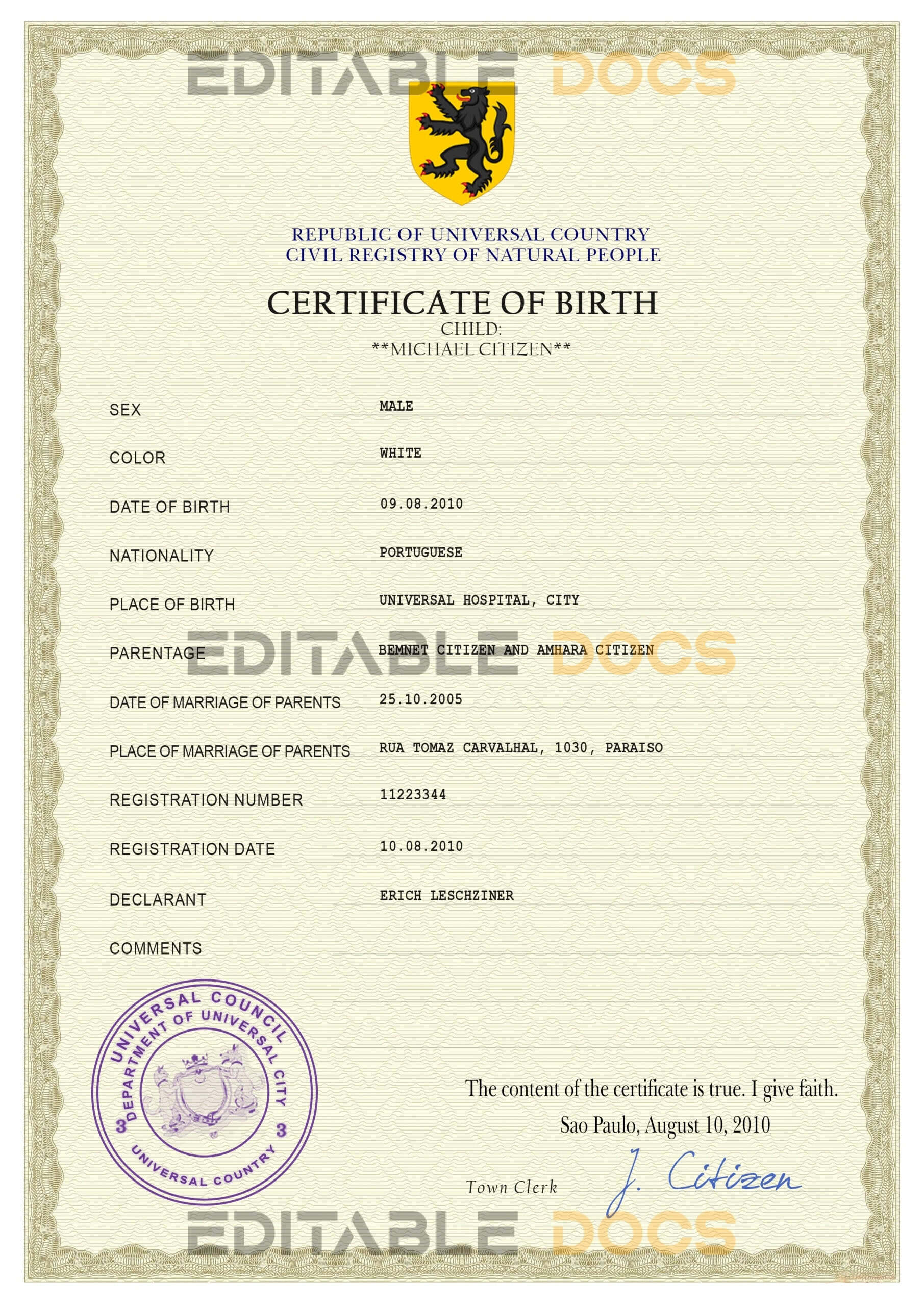 Authentic master accord Birth Certificate PSD Template
