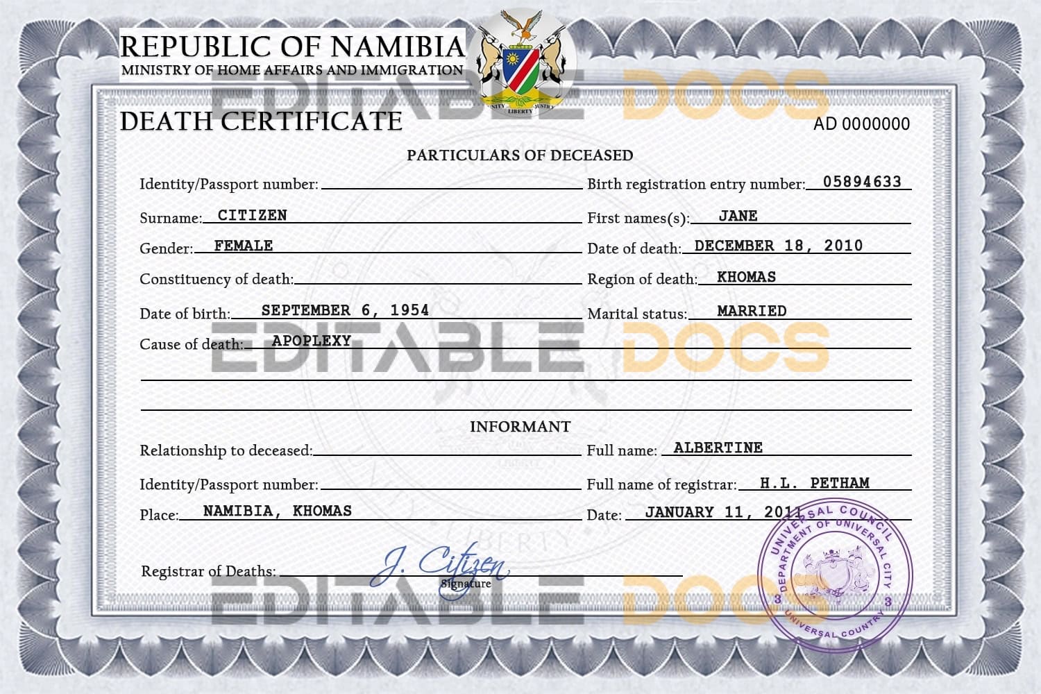 Customizable Of Deluxe Universal Death Certificate PSD Templates