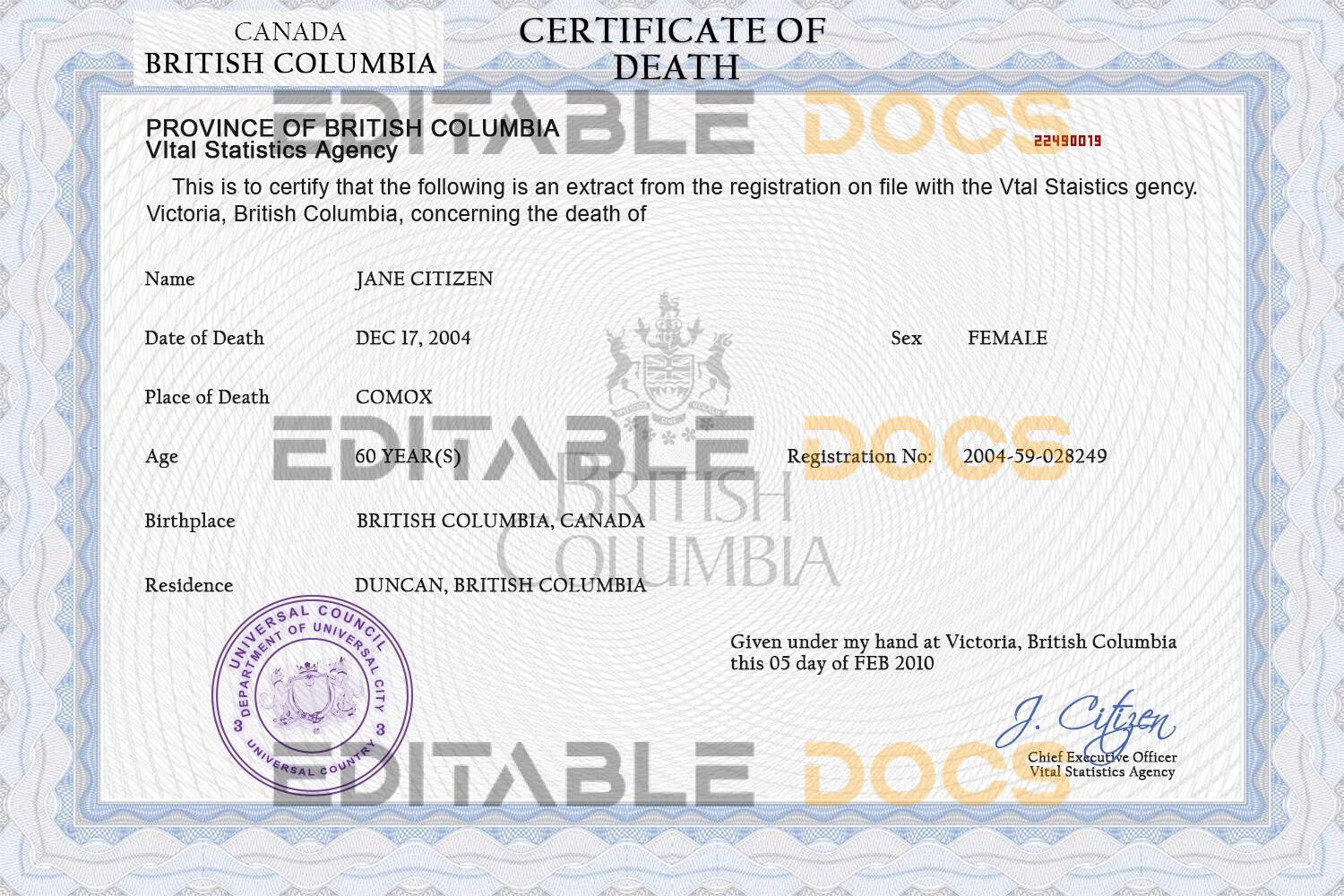 Customizable Of Integrity Universal Death Certificate PSD Templates