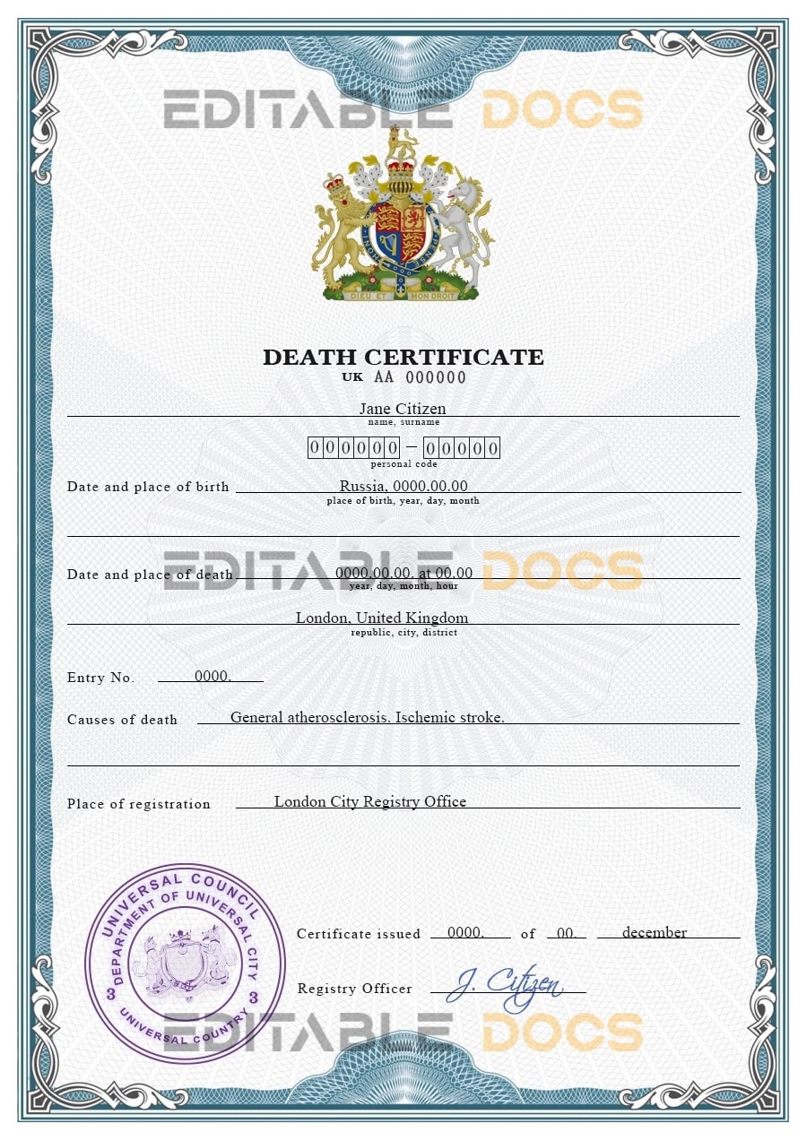 Customizable origin Break Vital Record Universal Death Certificate PSD Templates