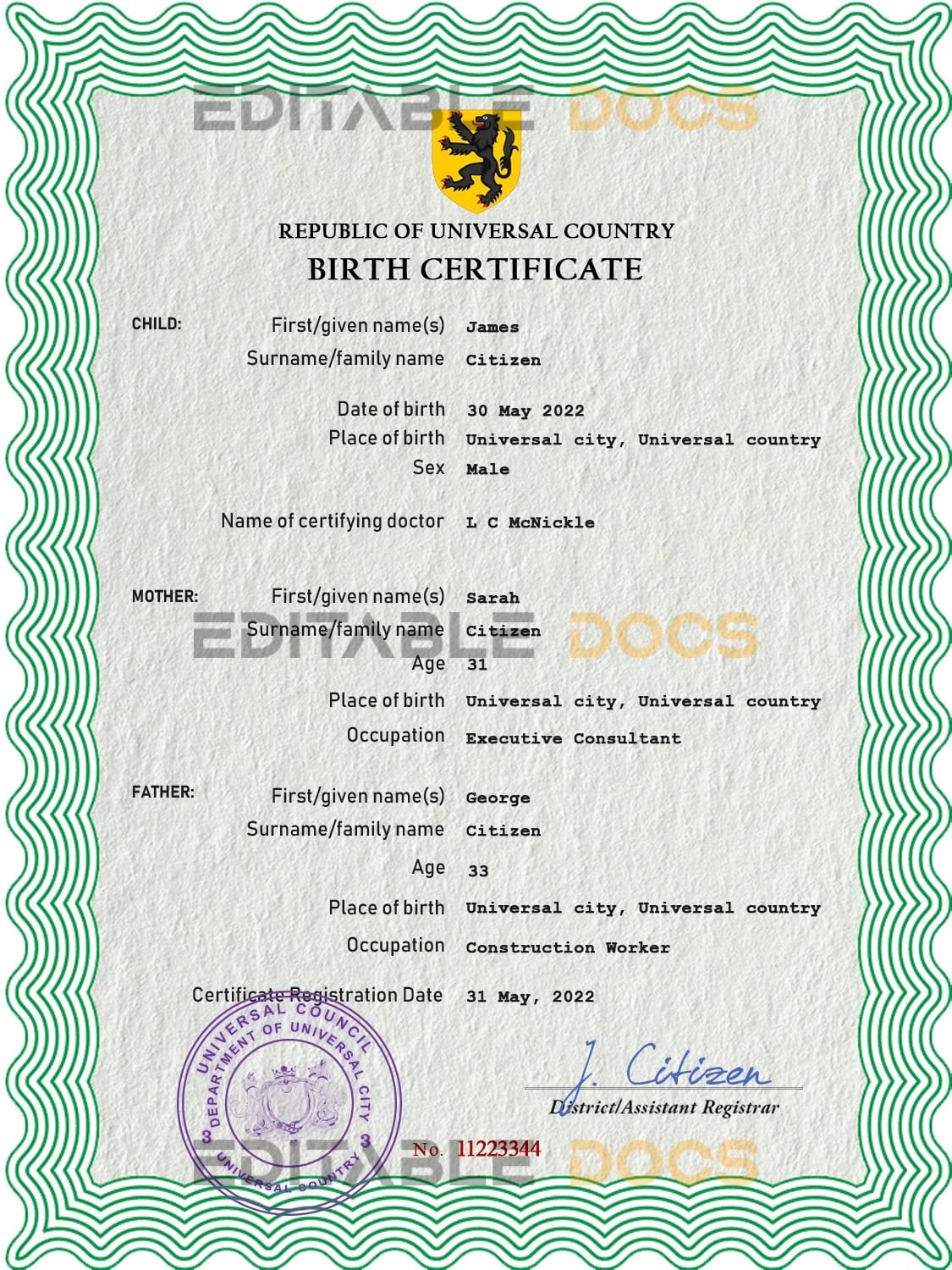 Authentic plug universal Birth Certificate PSD Template