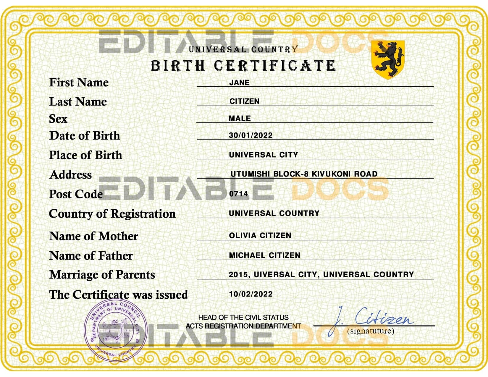 Authentic power universal Birth Certificate PSD Template