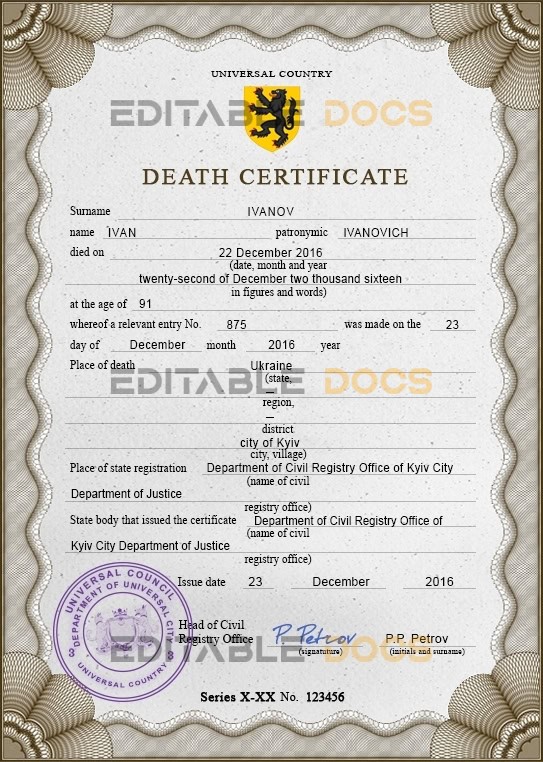 Customizable Pulse Verse Vital Record Universal Death Certificate PSD Templates