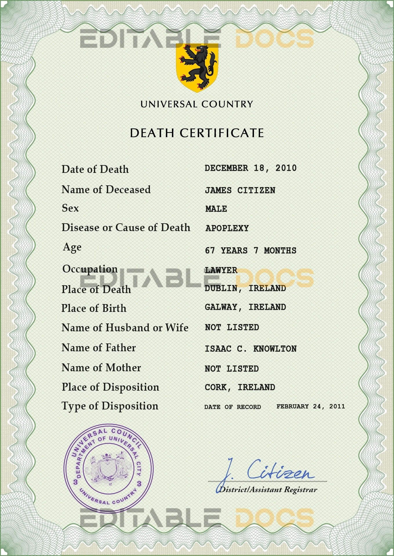 Customizable Redux Vital Record Universal Death Certificate PSD Templates