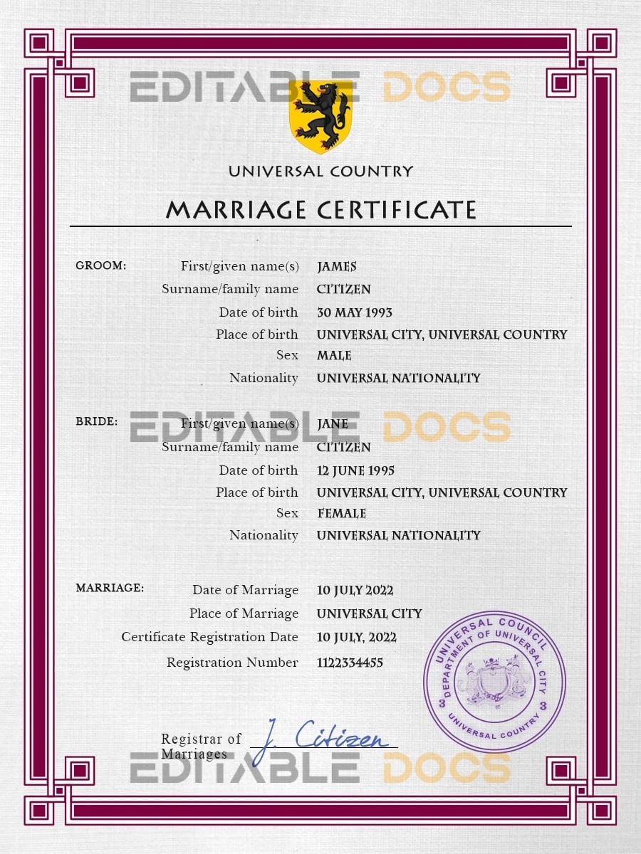 registration universal registration universal Marriage Certificate