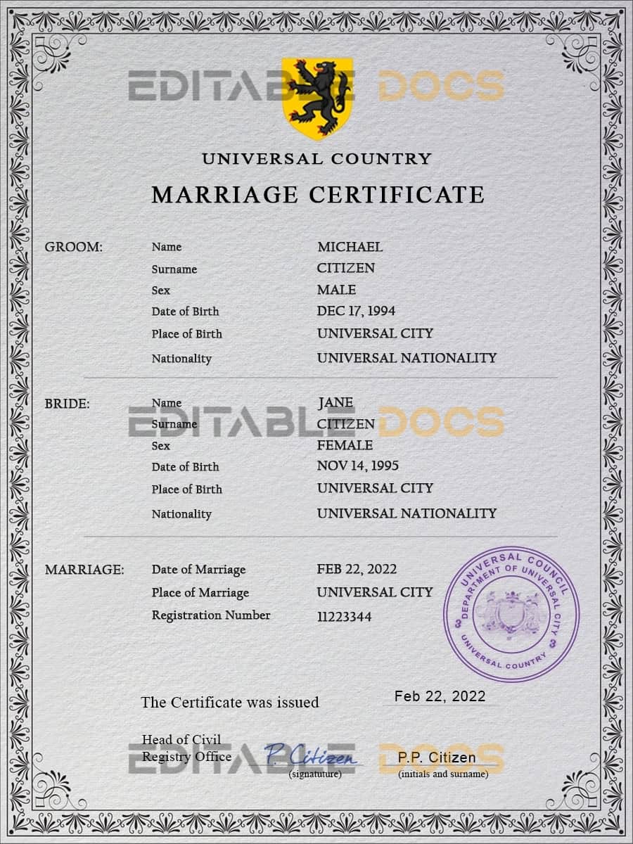 romance universal romance universal Marriage Certificate PSD