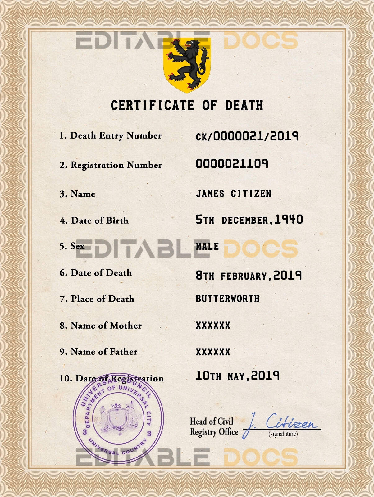 Customizable Scope Vital Record Universal Death Certificate PSD Templates