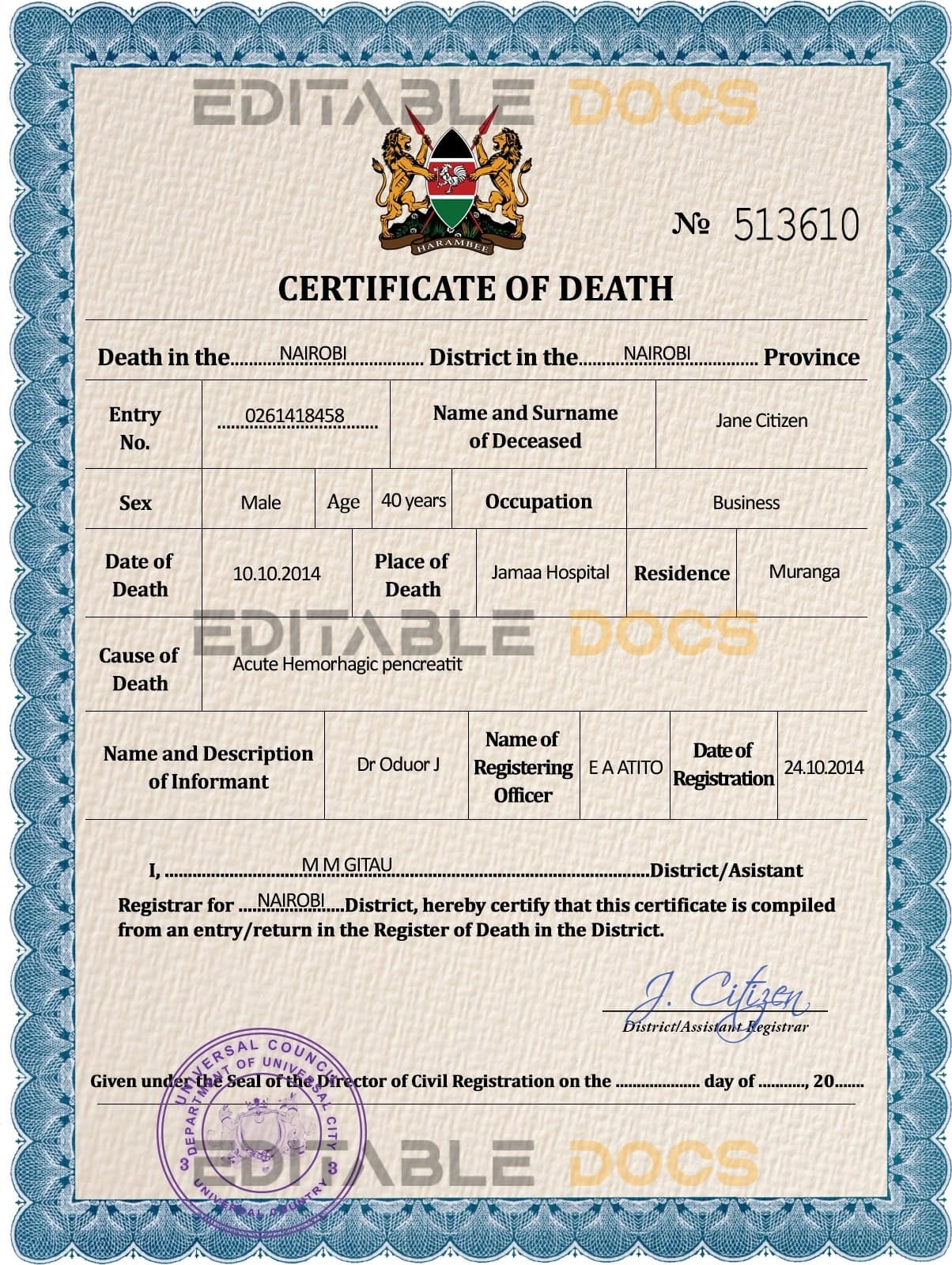 Customizable Solid Universal Death Certificate PSD Templates