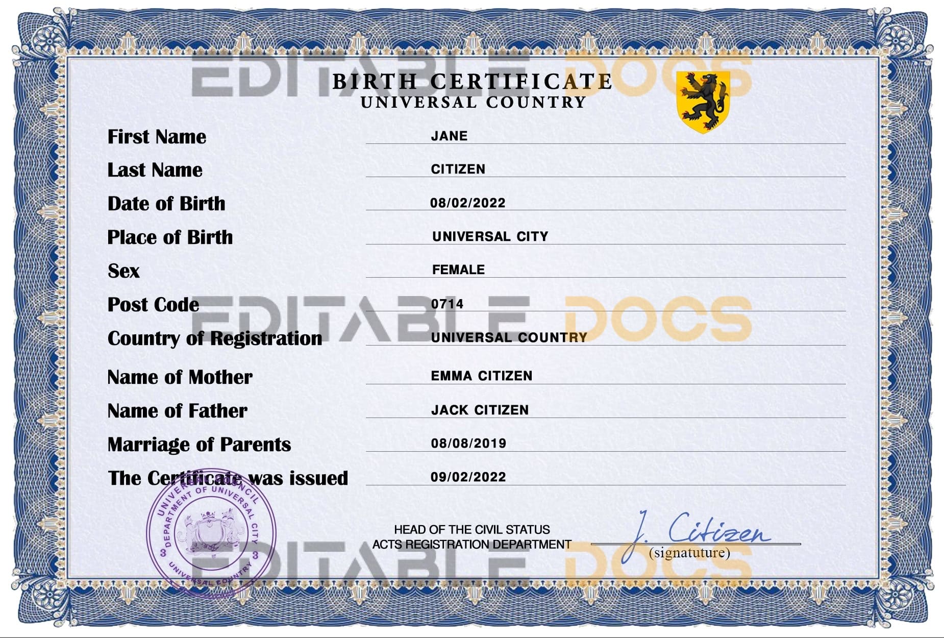Authentic stance universal Birth Certificate PSD Template
