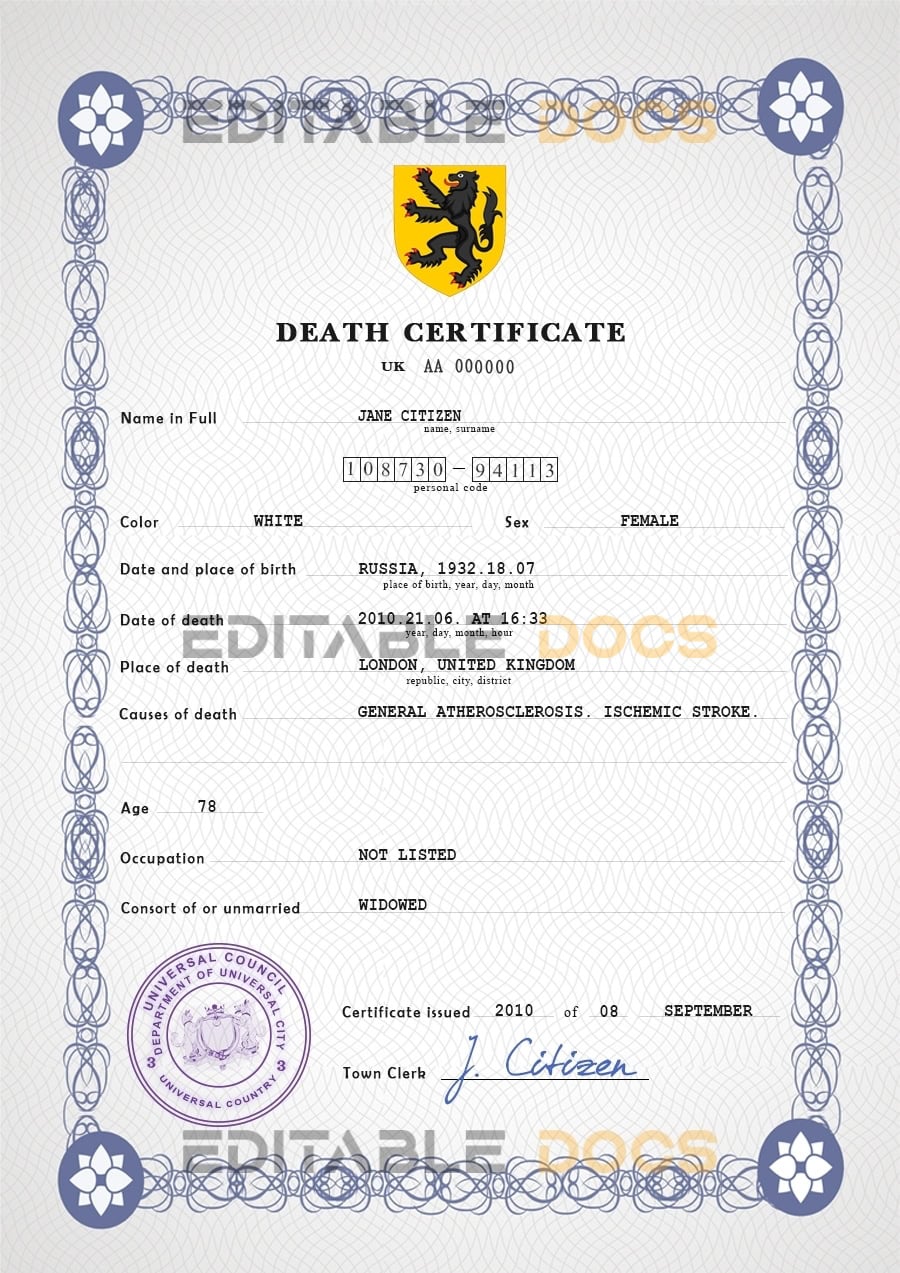 Customizable Stance Vital Record Universal Death Certificate PSD Templates