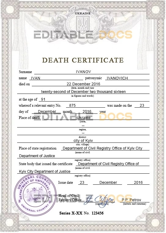Customizable Sustaine Solution Vital Record Universal Death Certificate PSD Templates