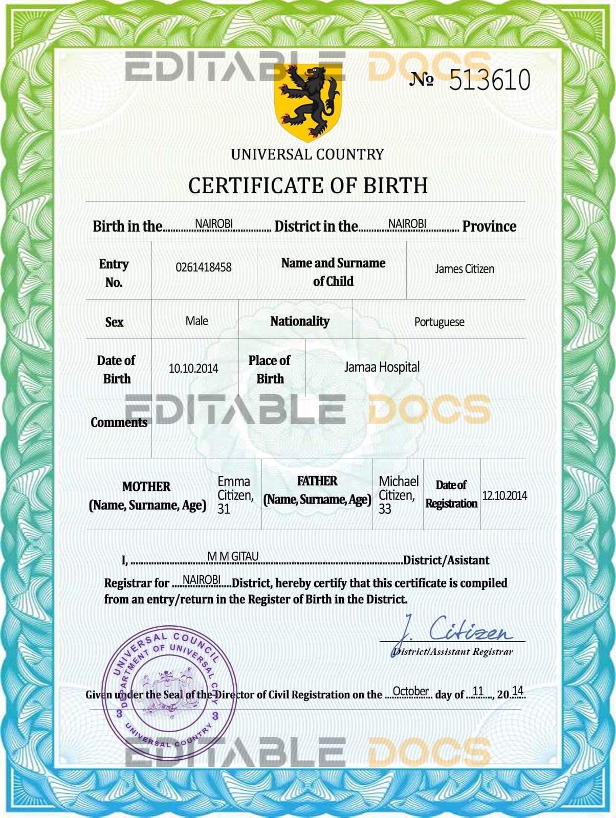 Authentic united assembly universal Birth Certificate PSD Template