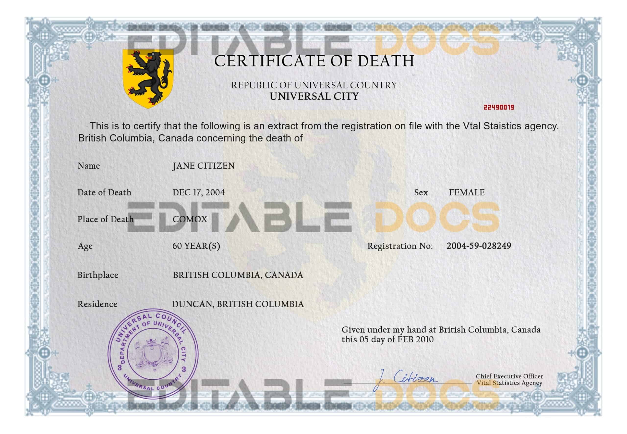 Customizable United Universal Death Certificate PSD Templates