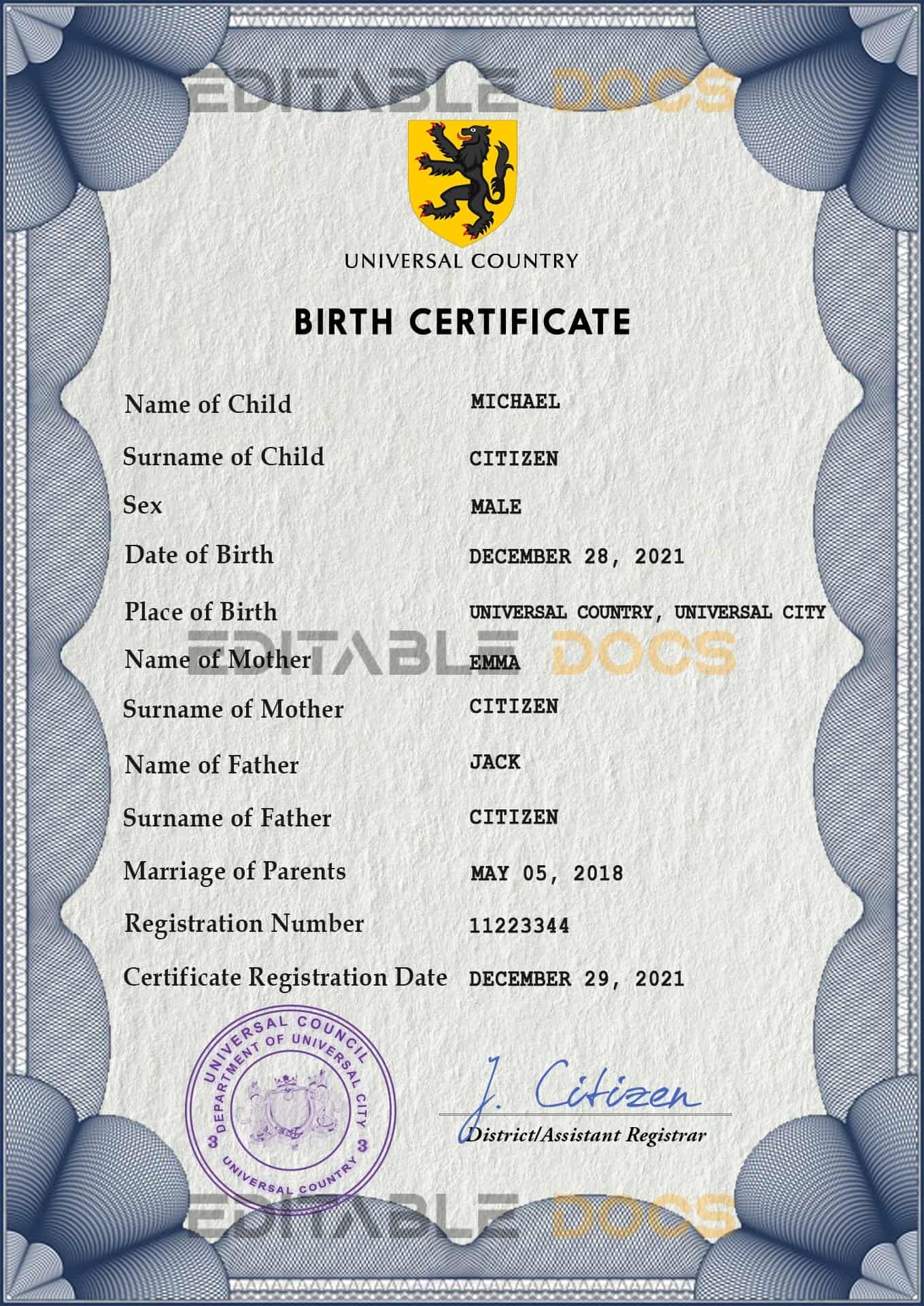 Authentic universbia universal Birth Certificate PSD Template