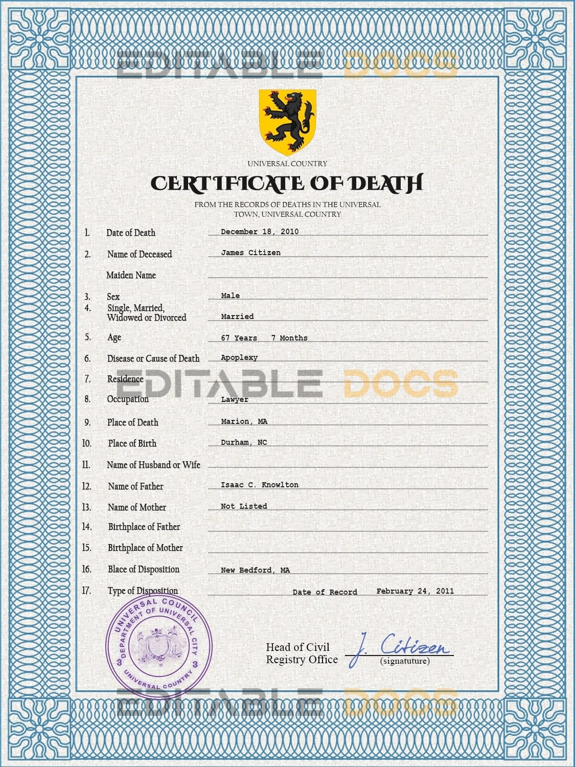 Customizable Variety Vital Record Universal Death Certificate PSD Templates